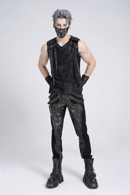 Black Sleeveless Eyelet Strap Distressed Men's Gothic Vest