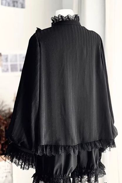 Black Stand Collar Long Short Sleeves Printed Ruffled Lace Gothic Ouji Lolita Set 2 Versions