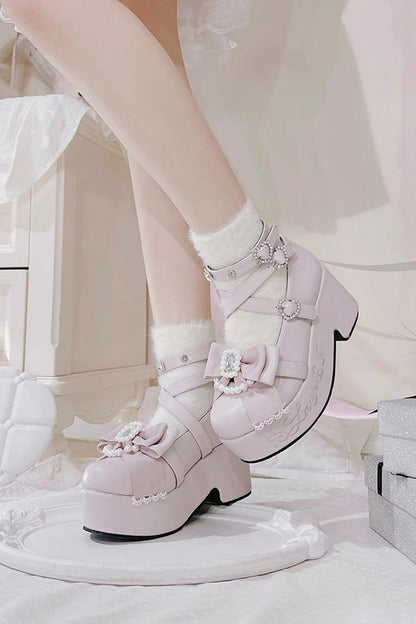 [Declaration Of First Love] Embroidery Bowknot Sweet Jirai Kei Japanese Platforms Shoes 4 Colors