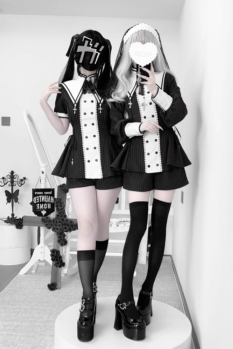 Black/White [Offbeat Confession] Long Short Sleeves Printed Ruffled Bow Gothic Jirai Kei Japanese Dress and Shorts Set