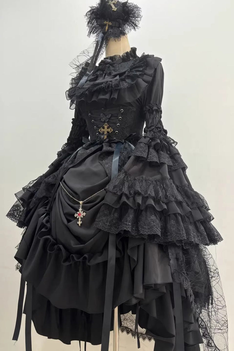 Black [Eternal Taboo] Long Hime Sleeves Ruffled Bow Gothic Lolita Skirt Dress Set