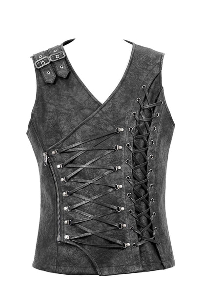 Gray V Neck Fog Flower Shoulder Loop Chest Lace Up Men's Punk Waistcoat