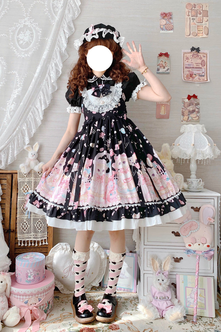 Black/Pink Cute Cat Print High Waisted Ruffle Bowknot Sweet Princess Lolita JSK Dress