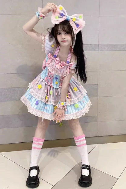 Blue/Pink Magical Girl Short Sleeves Ruffle Bowknot Stars Sweet Princess Lolita Dress