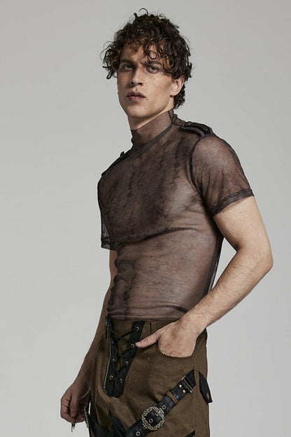 Stand Collar Short Sleeves Print Slim Mens Steampunk T-Shirt 2 Colors