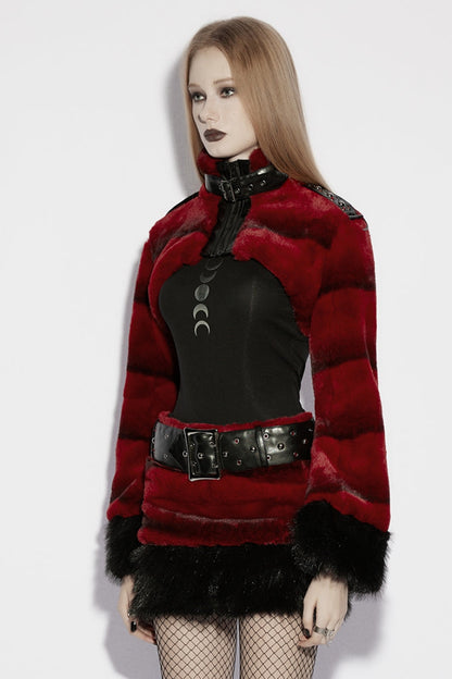 Red Stand Collar Long Sleeves Buckle Straps Faux Fur Women's Punk Short Cloak