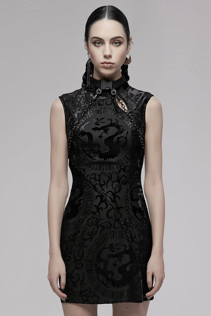 Black Sleeveless Dragon Totem Pattern Print Women's Gothic Dress