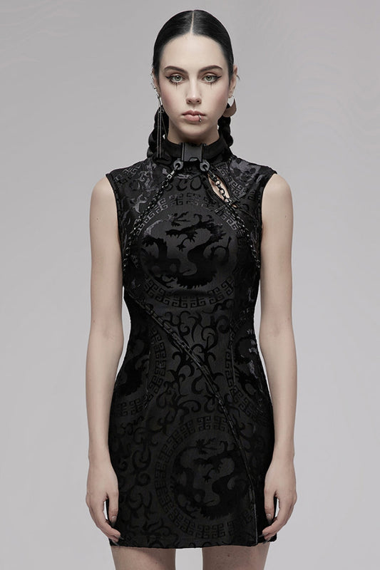 Black Sleeveless Dragon Totem Pattern Print Women's Gothic Dress