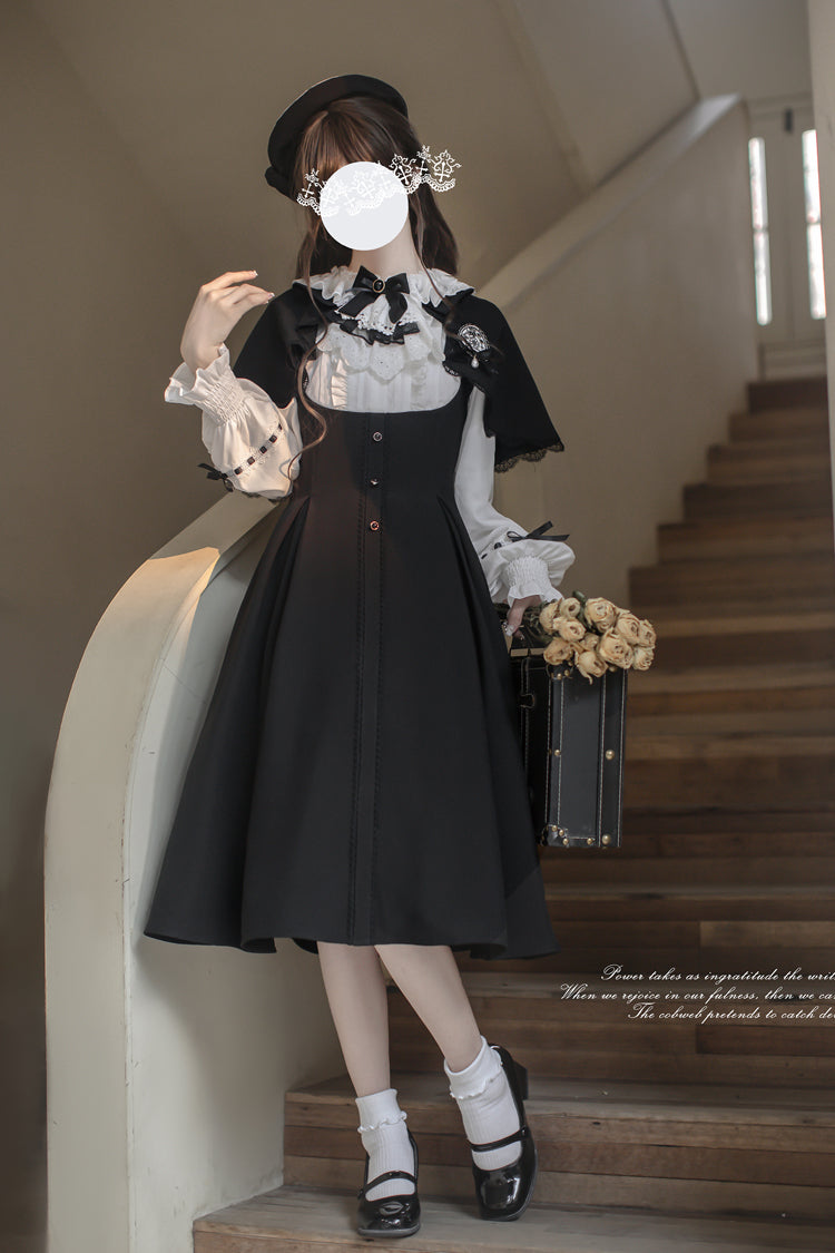 Black/White [Sunset Academy] Long Sleeves Ruffle Bowknot Fake Two Pieces Vintage College Style Elegant Lolita Dress