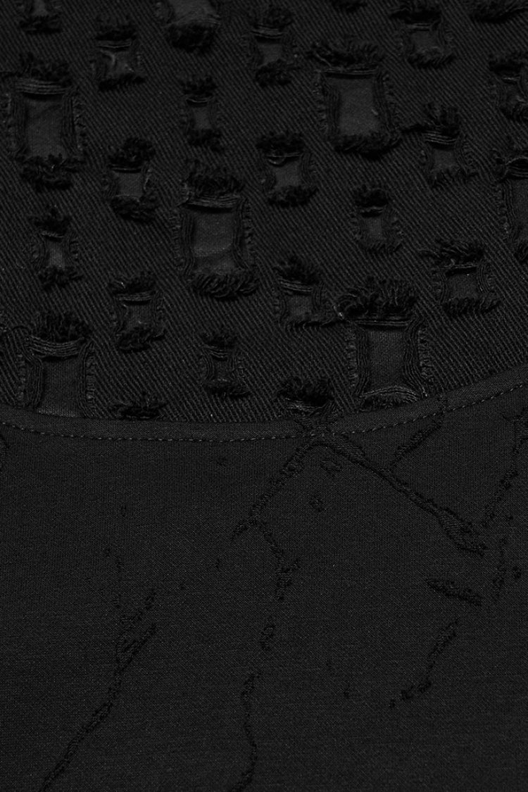 Black Stand Collar Long Sleeves Embroidered Ripped Studded Loose Men's Punk T-Shirt