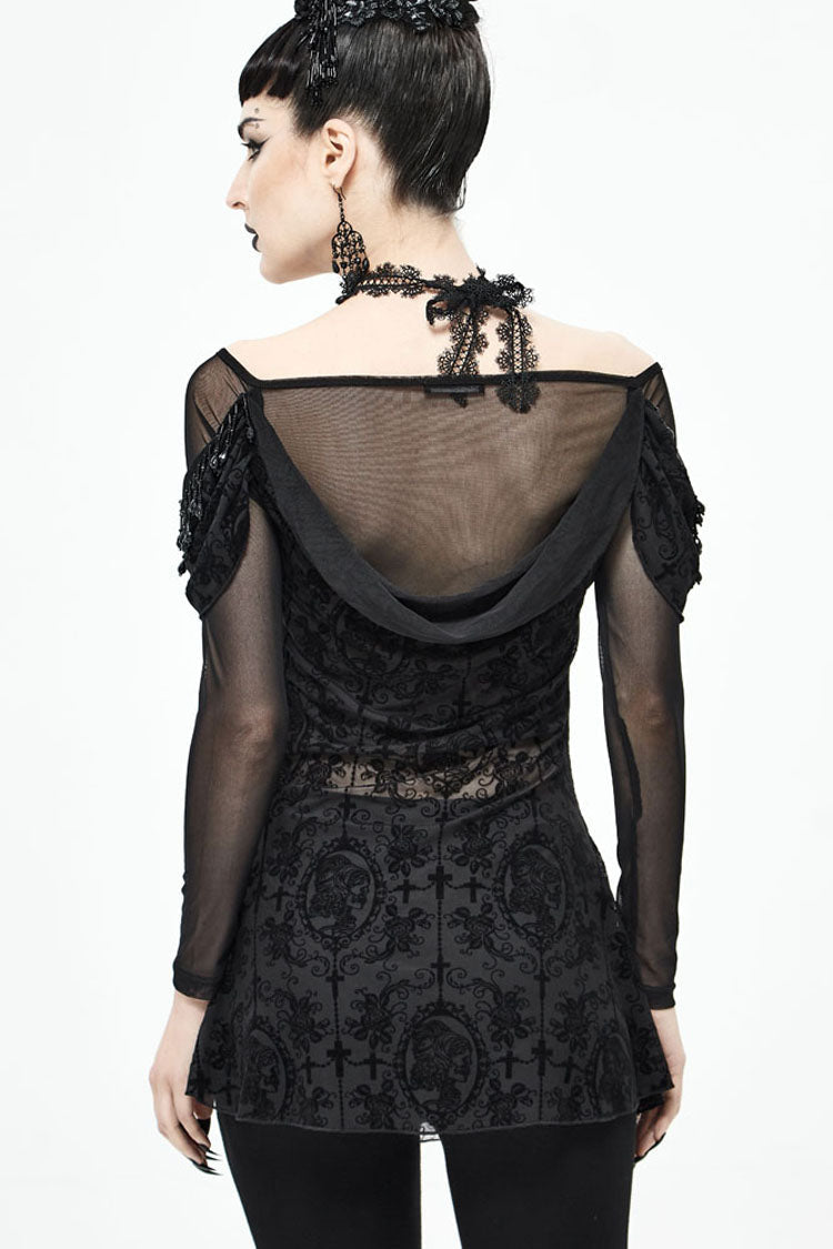 lack Gothic Off-Shoulder Front Chest Decals Bead Sleeve Beaded Tassel Webbing Flocking Print Women's Shirt