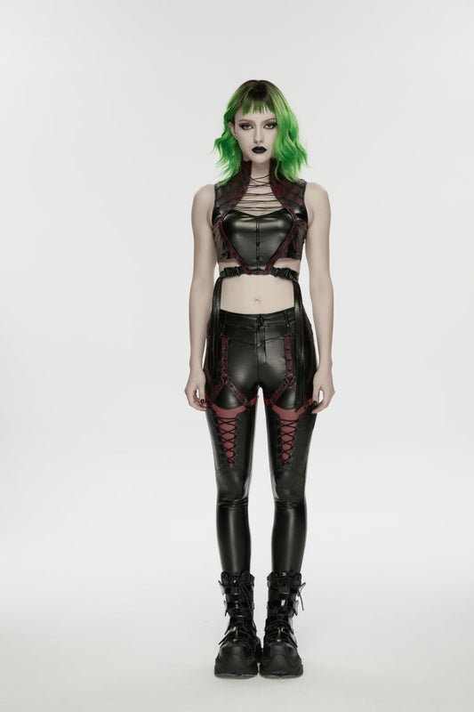 Black/Red Cut-Out Spliced Eyelet Mesh Women's Punk Leggings