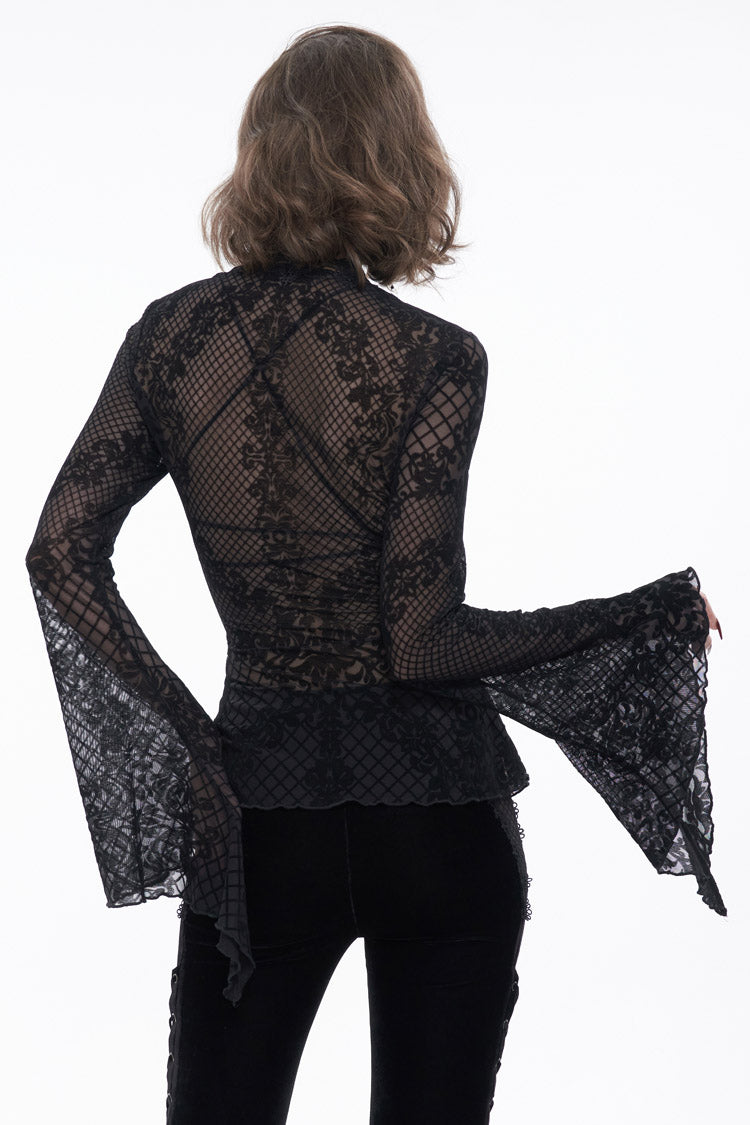 Black Velvet Mesh Splicing Metal Buttons Flared Sleeve Lace Women's Gothic T-Shirt
