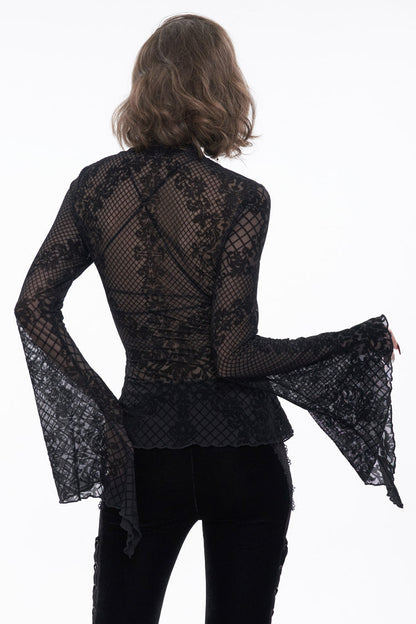 Black Velvet Mesh Splicing Metal Buttons Flared Sleeve Lace Women's Gothic T-Shirt