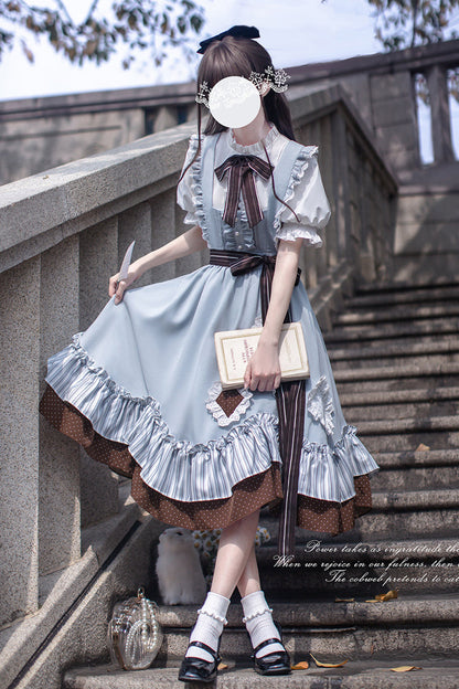 Blue [Magic Vocal Club] Sleeveless Print Ruffle Bowknot Sweet Alice College Style Elegant Lolita Jumper Dress