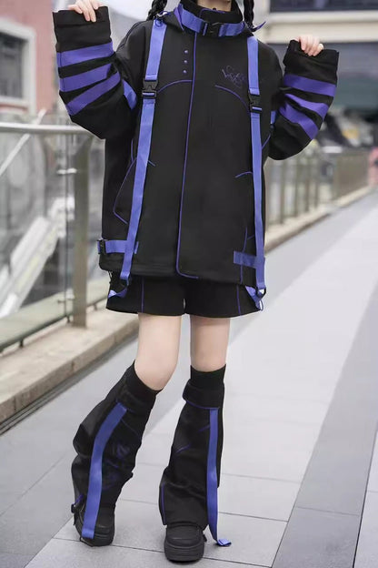 Blue/Black Long Sleeves Print Cat Ears Hooded Jirai Kei Handsome Coat