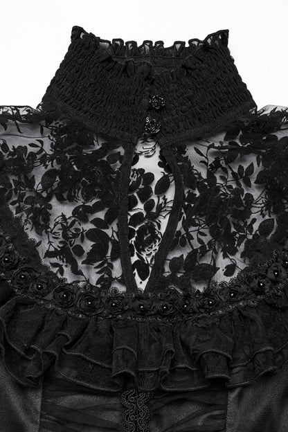 Black Stand Collar Hollow Embroidery Flocking Mesh Women's Gothic Formal Dress