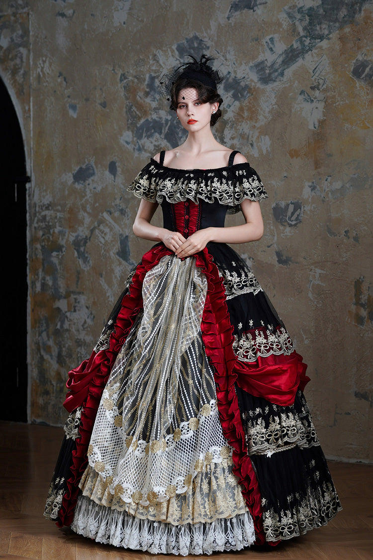 Black/Red Off Shoulder Short Sleeves Multi-Layered Ruffled Open-Front Mesh Gothic Vintage Palace Lolita Victorian Dress