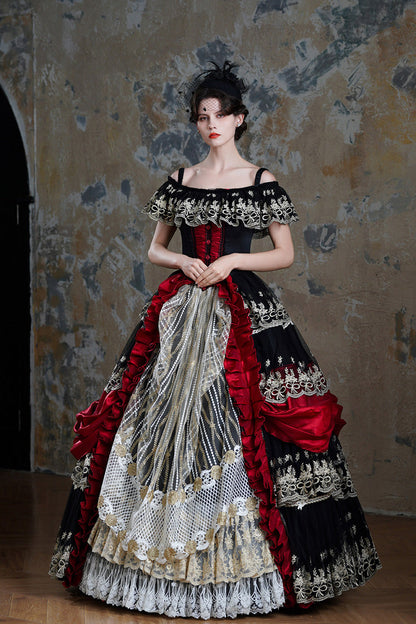 Black/Red Off Shoulder Short Sleeves Multi-Layered Ruffled Open-Front Mesh Gothic Vintage Palace Lolita Victorian Dress