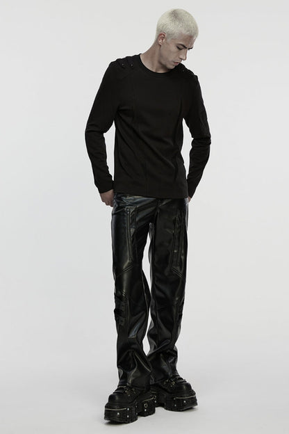 Black Round Collar Long Sleeves Cut-Out Spliced Mesh Men's Punk T-Shirt