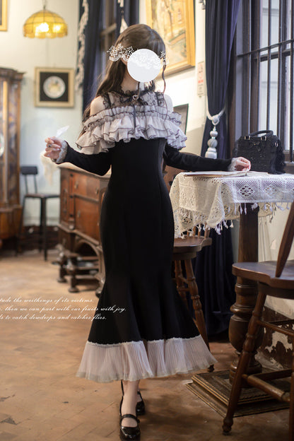 Black [Night Cherry Blossoms] Long Sleeves Ruffle Bowknot Daily Sweet Elegant Lolita Fishtail Dress