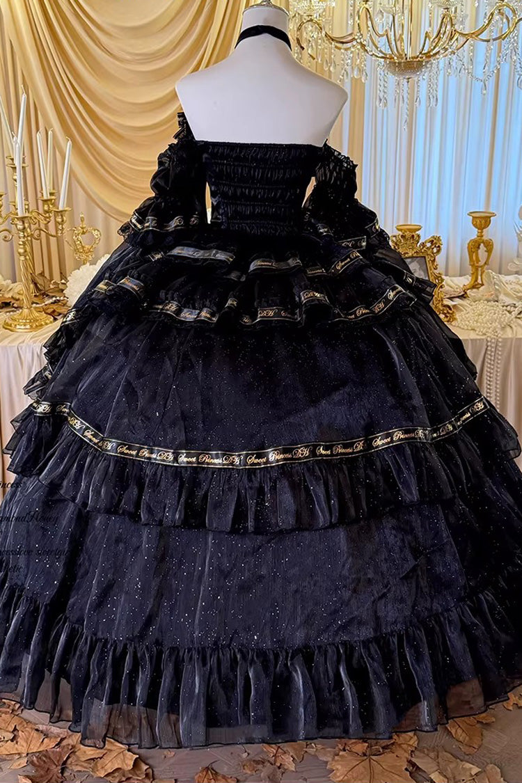 Black [Obsidian Banquet] Double-Layered Ruffled Hanayome Bow Lace Sweet Gothic Princess Lolita Jsk Dress