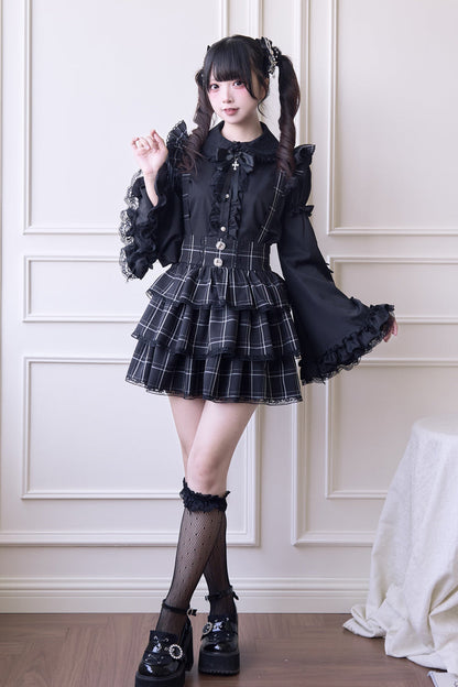 Black Triple-Layered Plaid Print Ruffle Gothic Jirai Kei Japanese Strap Dress