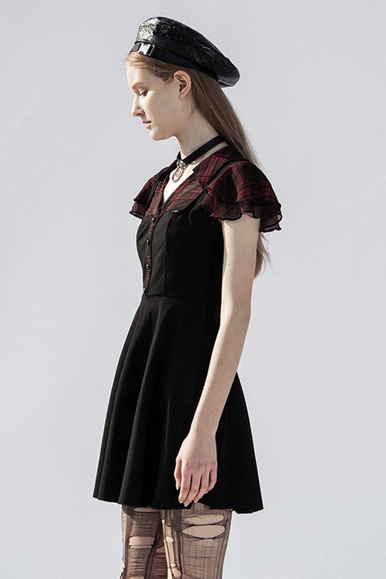 Black/Red V-Neck Ruffled Short-Sleeved Check Chiffon Waisted Skull Stud Women's Punk Dress