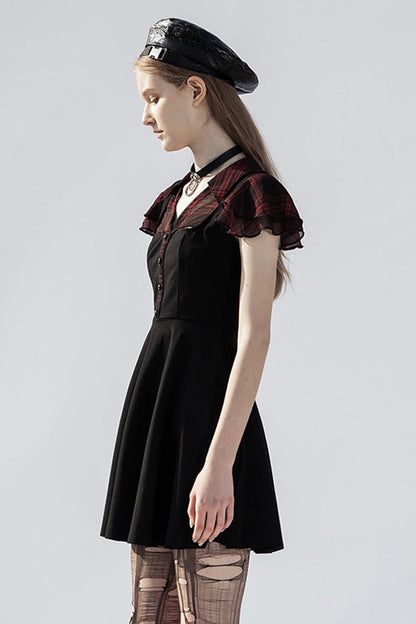 Black/Red V-Neck Ruffled Short-Sleeved Check Chiffon Waisted Skull Stud Women's Punk Dress