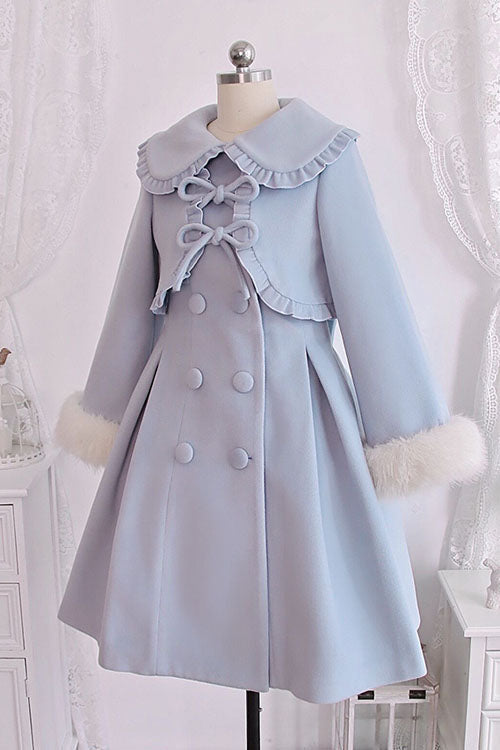 Blue Double Breasted Bowknot Plush Long Sleeves Fake Two-Piece Woolen Lolita Coat