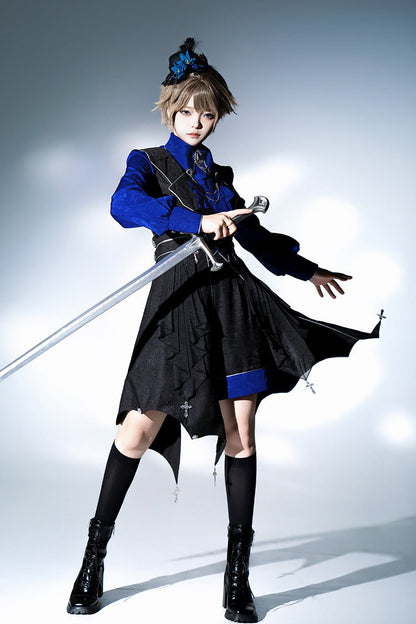 Black/Blue Courtly Knight-Style Long Sleeves Ruffle Embroidery Prince Ouji Lolita Set