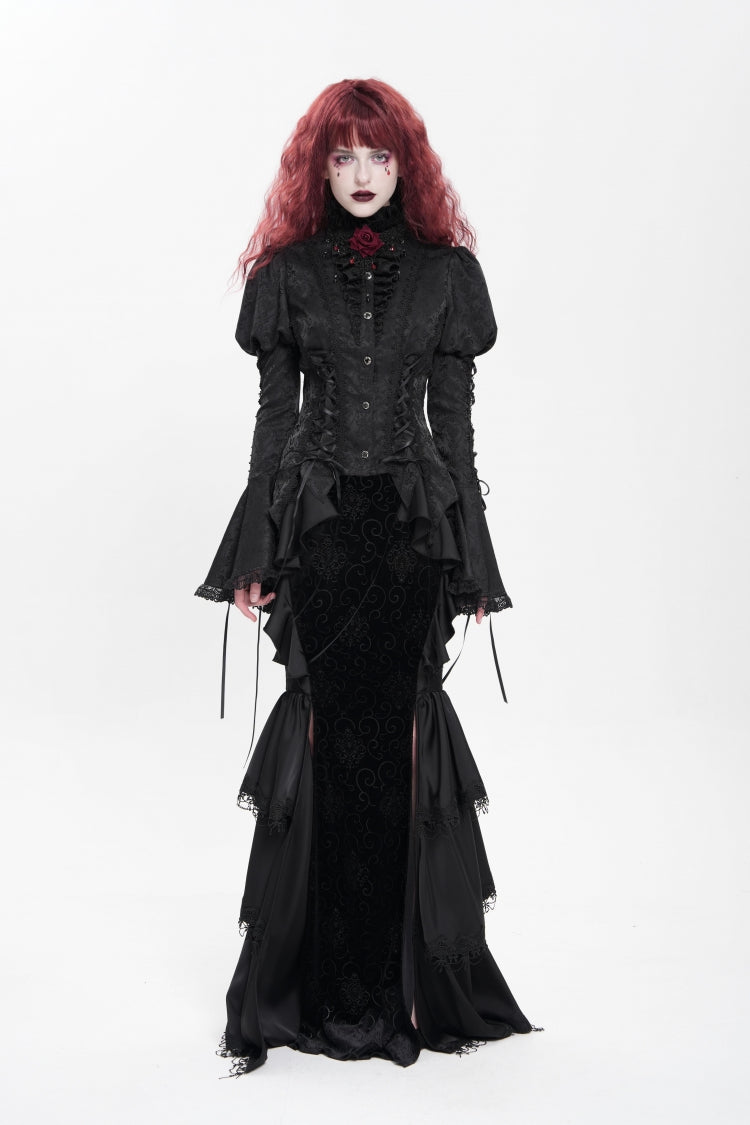 Black Stand Collar Long Puff Sleeves Floral Jacquard Lace-Up Women's Gothic Blouse