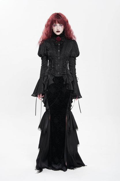 Black Stand Collar Long Puff Sleeves Floral Jacquard Lace-Up Women's Gothic Blouse