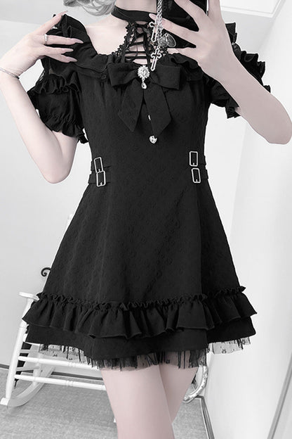 Black/White Halterneck Short Sleeves Ruffle Bowknot Lace Jirai Kei Japanese Dress 2 Colors