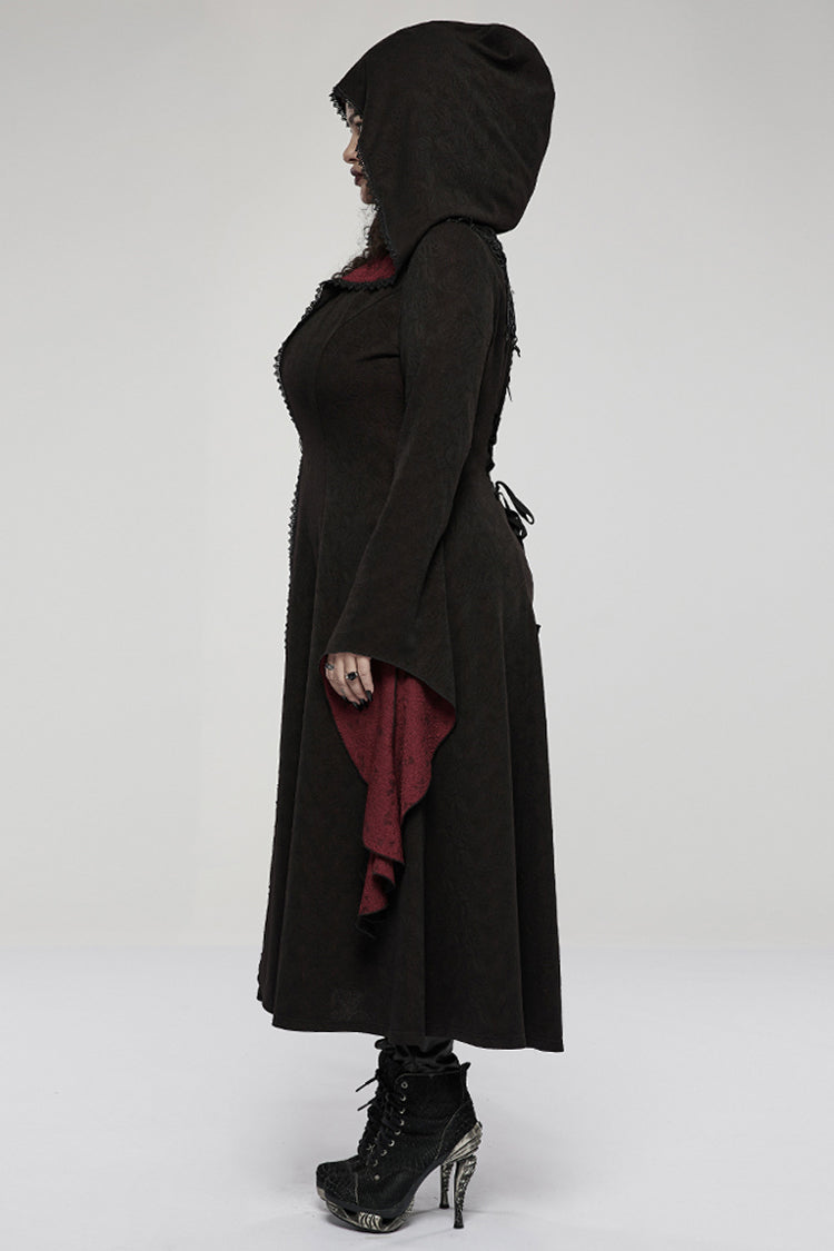 Black/Red Knitted Long Sleeves Big Hat Mystery Witch Rose Pattern Women's Gothic Coat