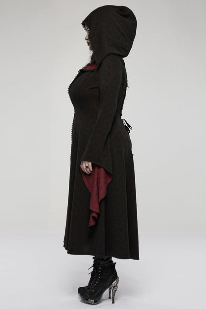Black/Red Knitted Long Sleeves Big Hat Mystery Witch Rose Pattern Women's Gothic Coat