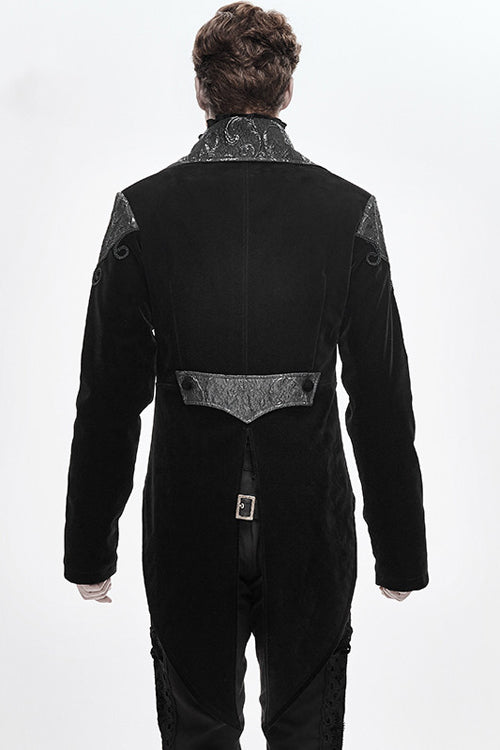 Black Vintage Fake Two Pieces Embroidered Velvet Gothic Mens Coat