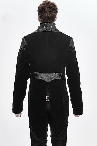 Black Vintage Fake Two Pieces Embroidered Velvet Gothic Mens Coat