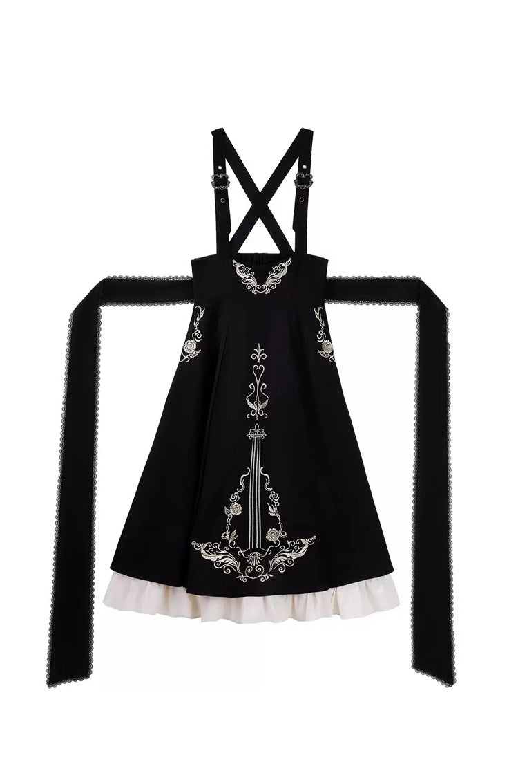 Black/White [Violin Variations] Ruffled Embroidered Gothic Lolita Jumper Dress Set