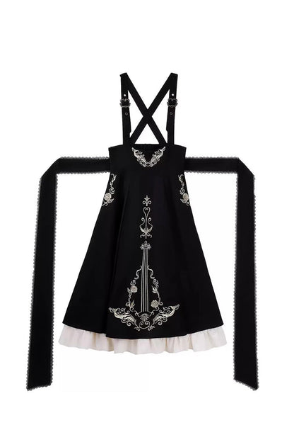 Black/White [Violin Variations] Ruffled Embroidered Gothic Lolita Jumper Dress Set