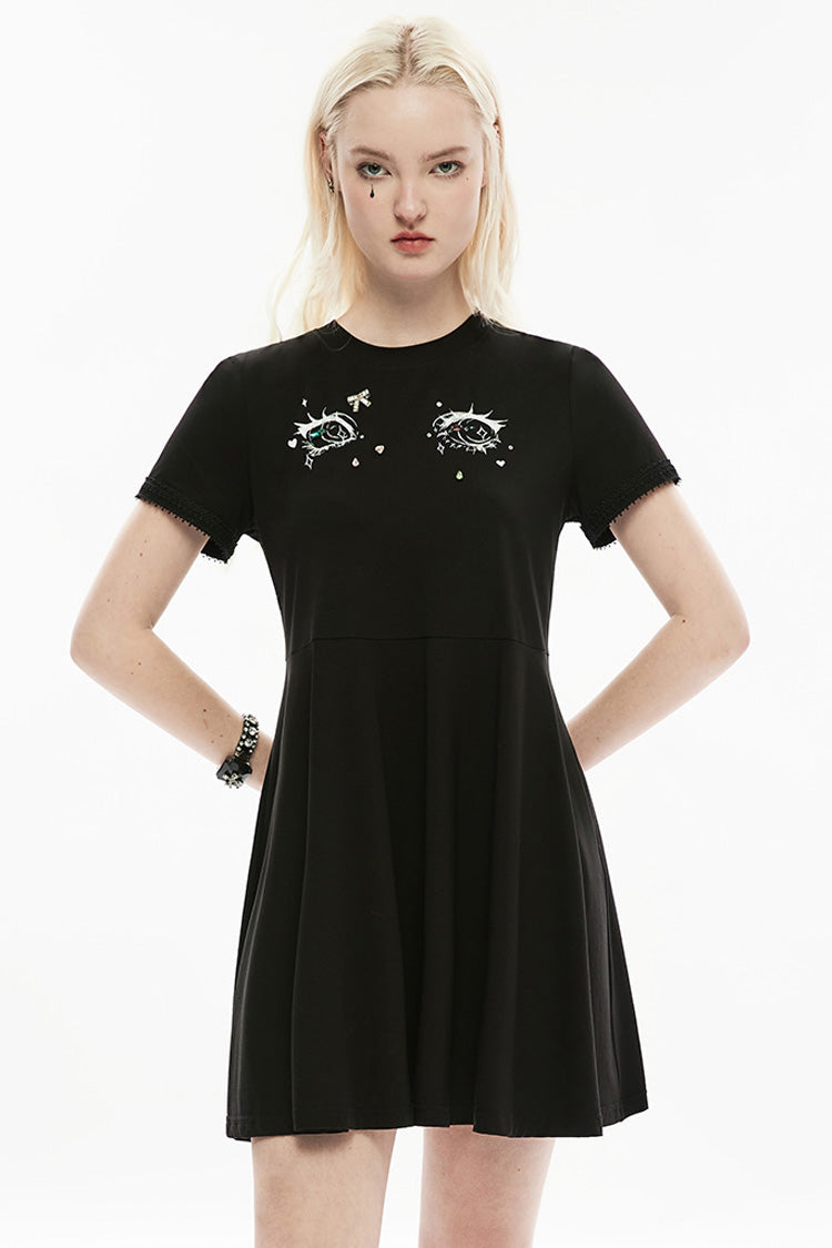 Black Short Sleeves 3D Eyes Screen Print Lace Women's Punk Dress