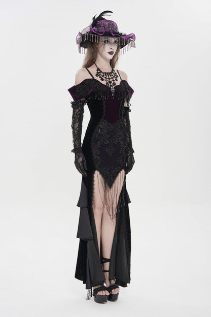 Black/Purple Off Shoulder Sleeveless Embroidered Lace Slim Women's Gothic Gorgeous Strapless Dress