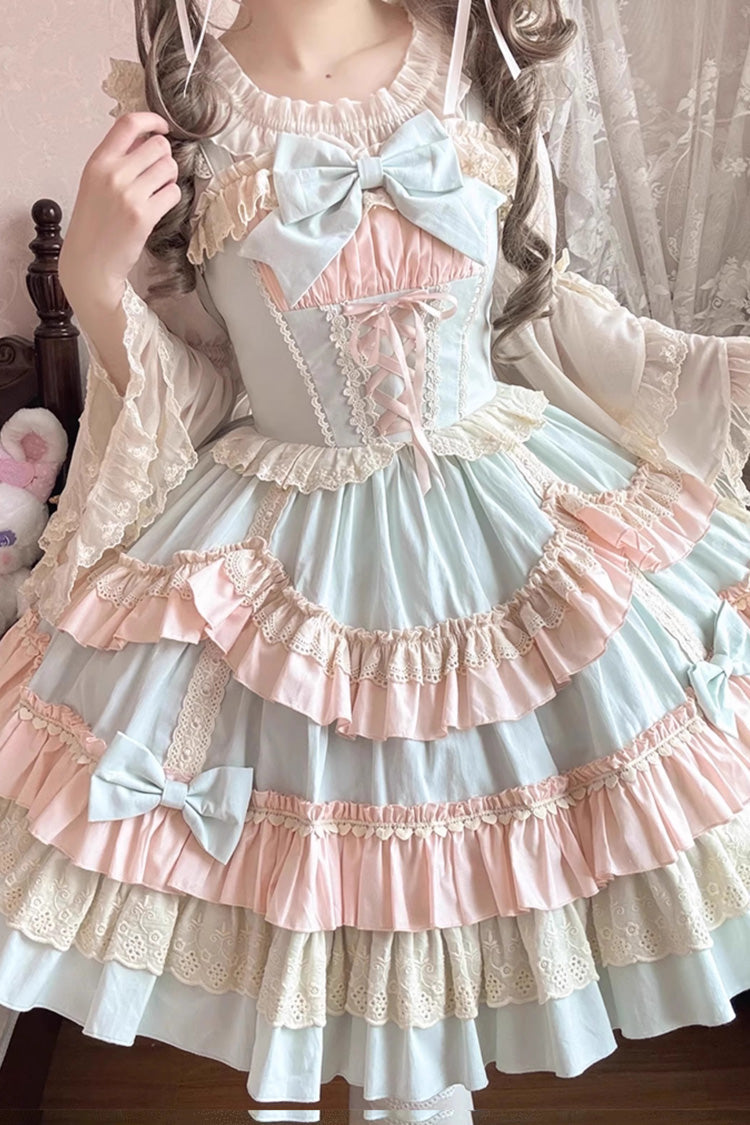 Blue/Pink Candy Sleeveless Multi-Layered Ruffle Bowknot Lace-Up Sweet Lolita Tiered Dress