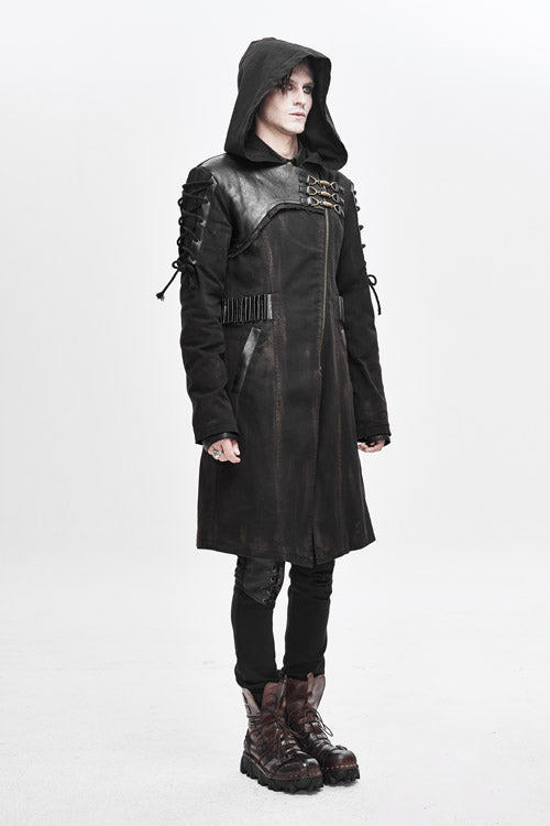 Brown Hooded Denim Tattered Long Mens Punk Coat