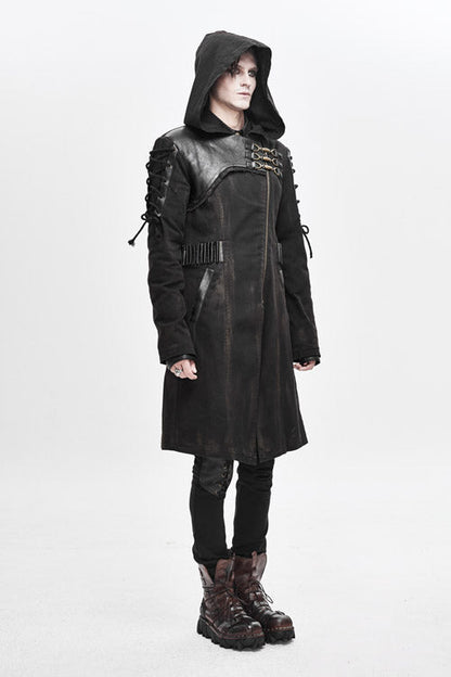 Brown Hooded Denim Tattered Long Mens Punk Coat