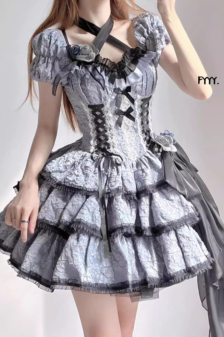 Black/Blue Medea Kiss Short Sleeves Gothic Lolita Op Tiered Dress