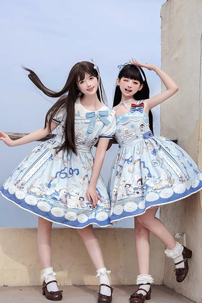 Blue [Penguin Navy] Print Ruffle Bowknot Sweet Princess Lolita Jsk Dress