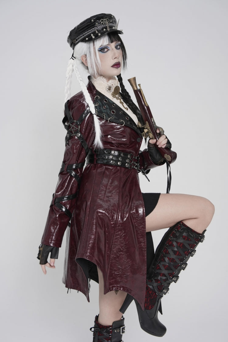 Red Lapel Collar Long Sleeves Lace-Up Irregular Eyelets & Rings Women's Punk Coat