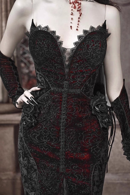Black/Red [Scarlet Blood Peak] Sleeveless High Waisted Ruffle Embroidery Lace Gothic Lolita Fishtail Dress