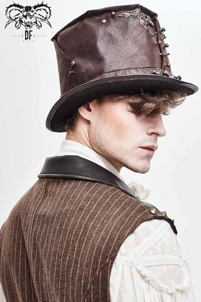 Brown Medium Top Leather Metal Stud Decorated Men's Gothic Hat
